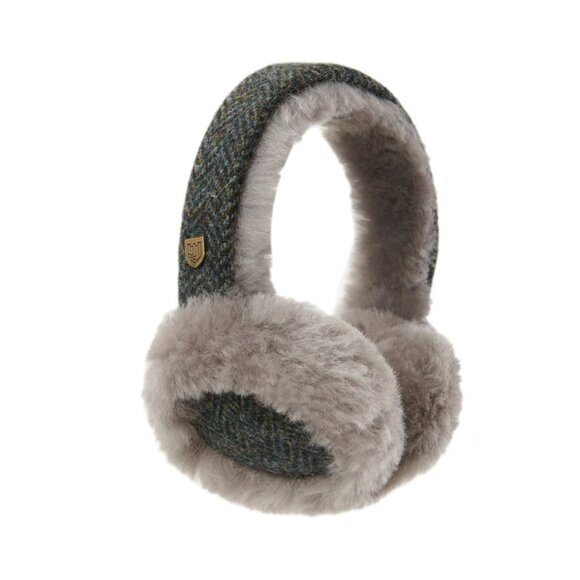 New Tags Harris Tweed Sheepskin Earmuffs Black Gray Tartan (Scotland) - Picture 1 of 4